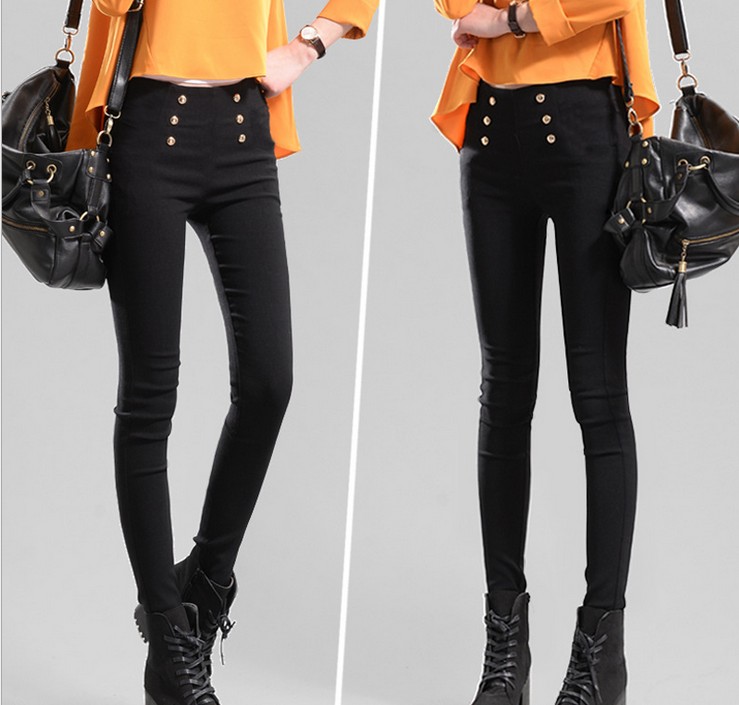 Korean Style Slim Fit Slimming High Waist Double Breasted Button Tappered Pencil Pants Leggings Women's Pants