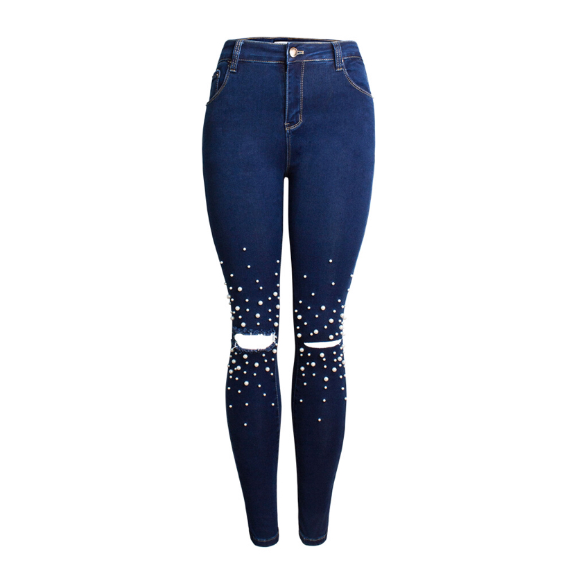 European and American Women&#039;s New Waisted Slim - Fit Pants Pencil Pants Pearl Ladies Cowboy Pants Foreign Trade 307