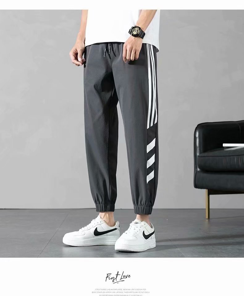 Sports Pants Men's Autumn Loose Cropped Casual Pants Trend Stripes Campus Loose Tappered Internet Celebrity Men's Ninth Pants