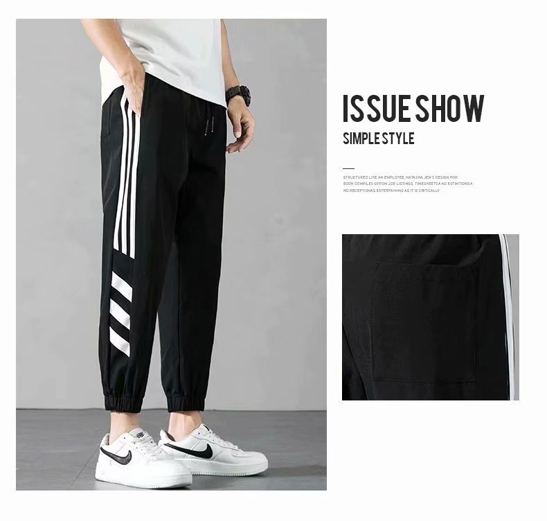Sports Pants Men's Autumn Loose Cropped Casual Pants Trend Stripes Campus Loose Tappered Internet Celebrity Men's Ninth Pants