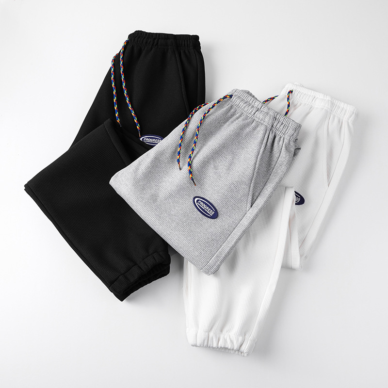 2022 Japanese Waffle Velvet Sweatpants Men&#039;s Large Size Sports Ninth Pants Trendy Spring and Autumn Warm Ankle Banded Pants
