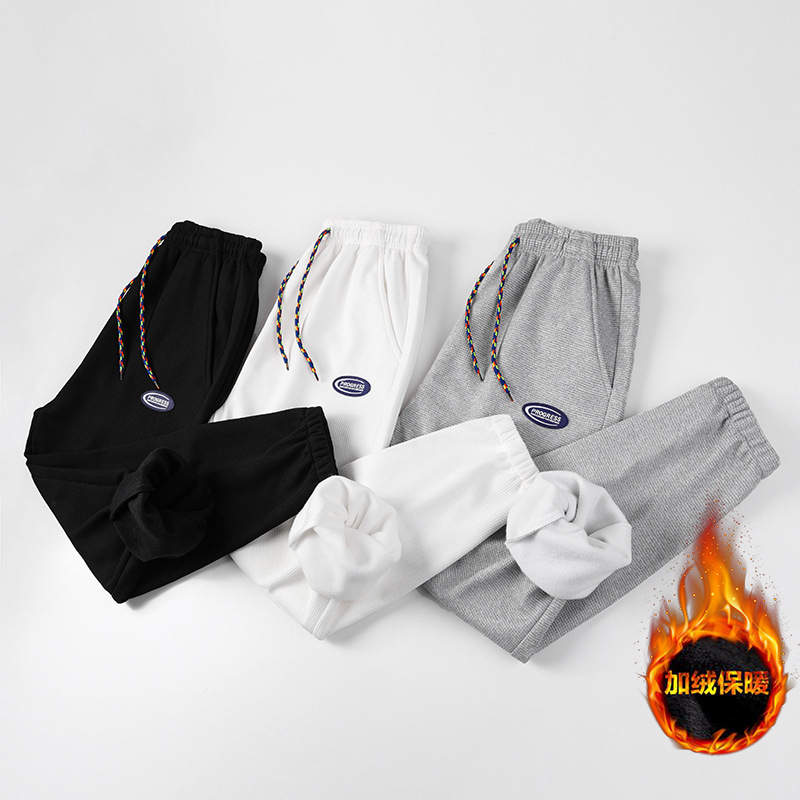 2022 Japanese Waffle Velvet Sweatpants Men&#039;s Large Size Sports Ninth Pants Trendy Spring and Autumn Warm Ankle Banded Pants