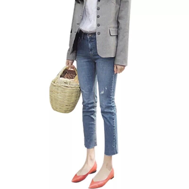 Light-Colored Short Straight-Leg Frayed Hem Jeans Women Chic Korean Style High Waist Elastic Slim Fit Ripped Cropped Trousers Fashion