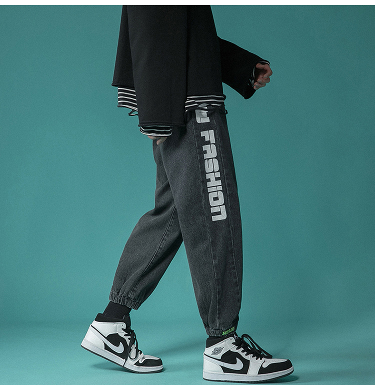 Letter Print Light-Colored Jeans Men's Spring and Autumn Hip Hop Trend Casual Jogger Pants Loose Cropped Trousers Letter Print Light-Colored Jeans Men's Spring and Autumn Hip Hop Trend Casual Jogger Pants Loose Cropped Trousers