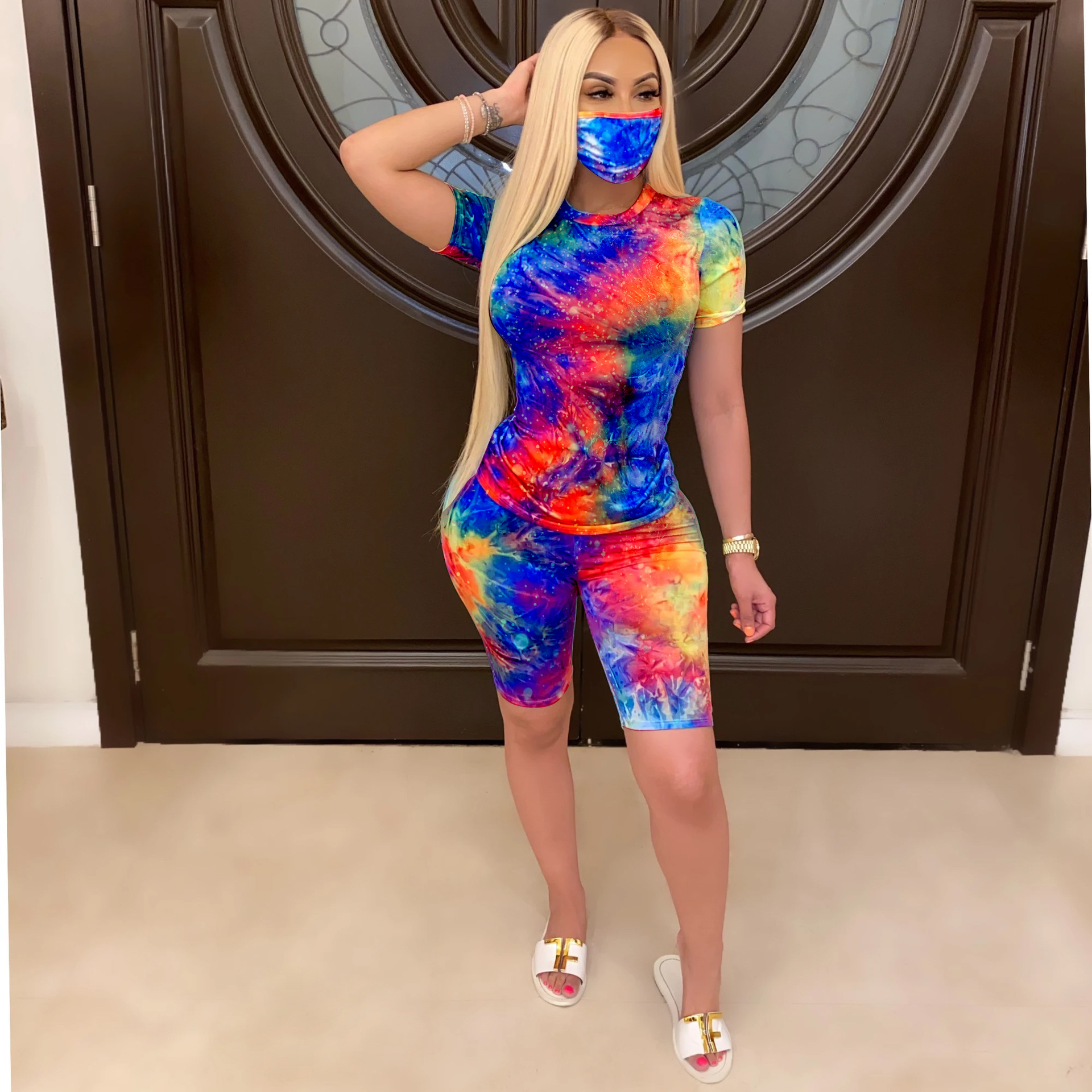 XM6088 women's wear tiedye round collar casual fashion home sports suit twopiece (including face mask) XM6088 women's wear tiedye round collar casual fashion home sports suit twopiece (including face mask)
