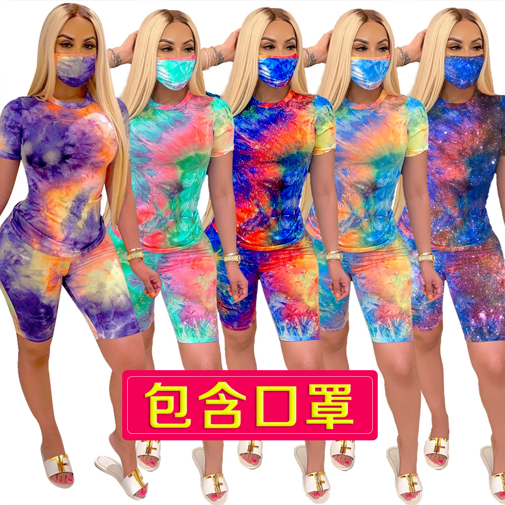XM6088 women's wear tiedye round collar casual fashion home sports suit twopiece (including face mask) XM6088 women's wear tiedye round collar casual fashion home sports suit twopiece (including face mask)