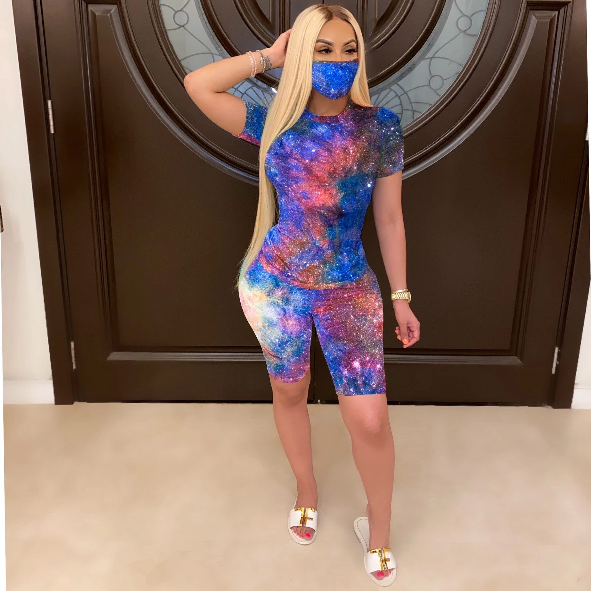 XM6088 women's wear tiedye round collar casual fashion home sports suit twopiece (including face mask) XM6088 women's wear tiedye round collar casual fashion home sports suit twopiece (including face mask)