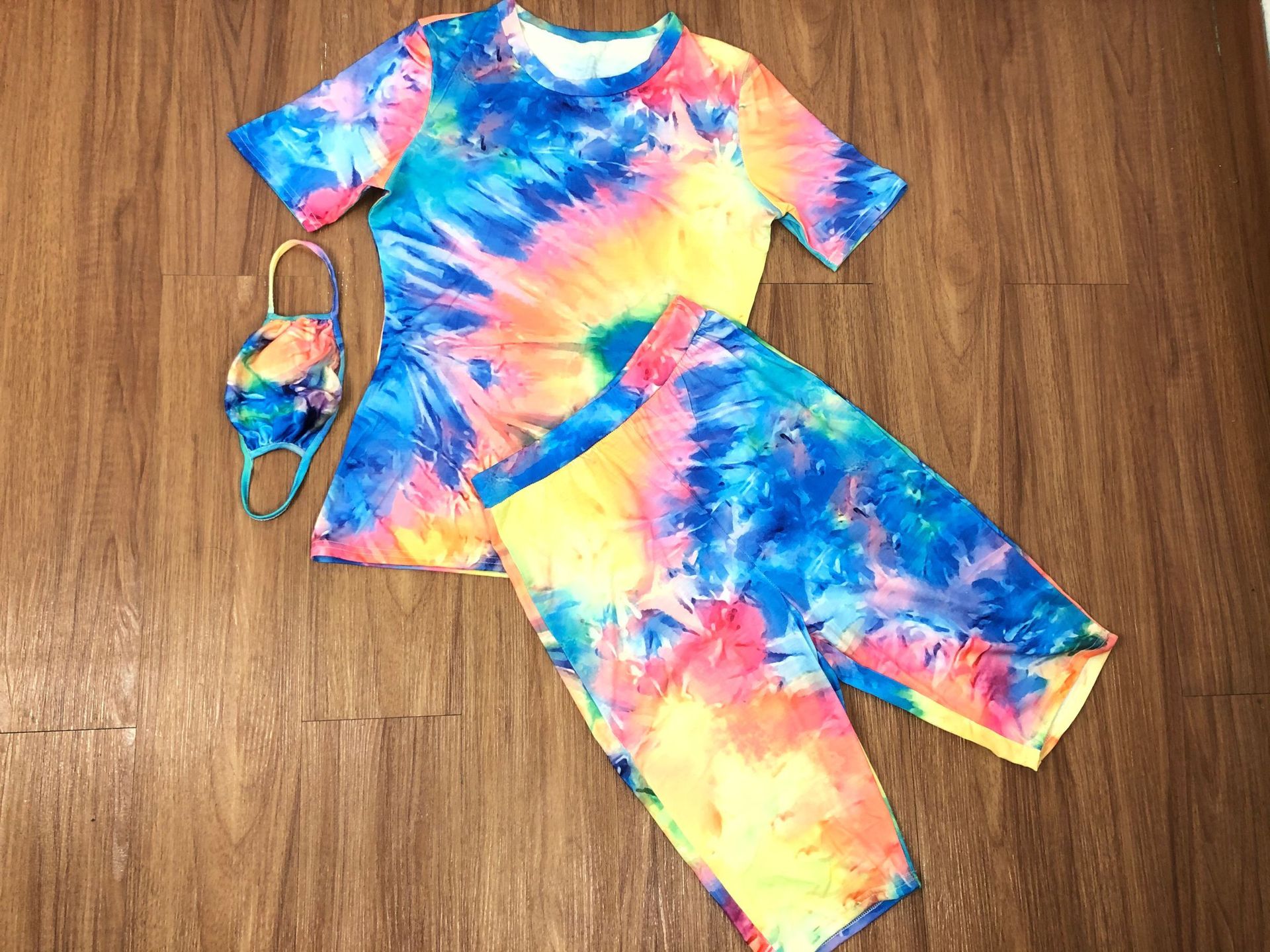 XM6088 women's wear tiedye round collar casual fashion home sports suit twopiece (including face mask) XM6088 women's wear tiedye round collar casual fashion home sports suit twopiece (including face mask)