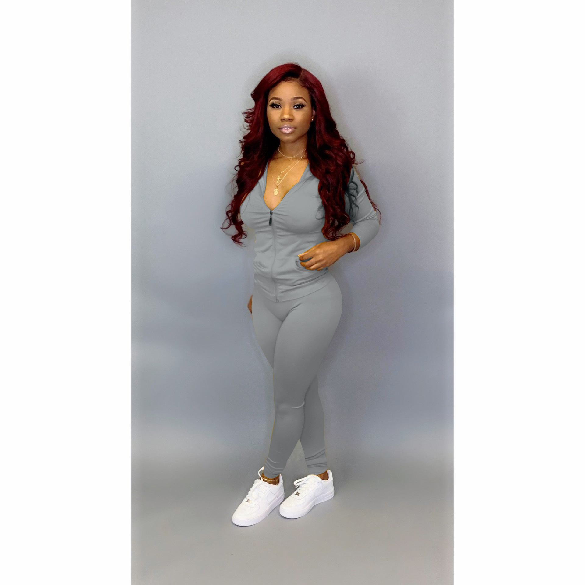 YZ1113 crossborder women's wear Autumn with a hat pocket zipper fashion leisure sports twopiece set YZ1113 crossborder women's wear Autumn with a hat pocket zipper fashion leisure sports twopiece set