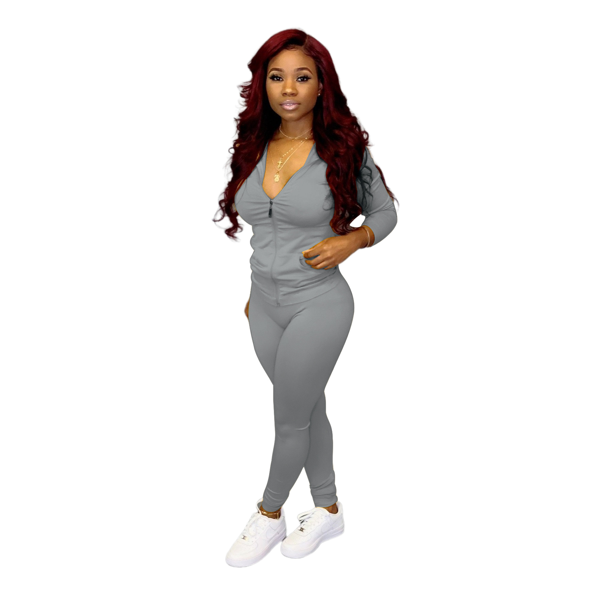 YZ1113 crossborder women's wear Autumn with a hat pocket zipper fashion leisure sports twopiece set YZ1113 crossborder women's wear Autumn with a hat pocket zipper fashion leisure sports twopiece set