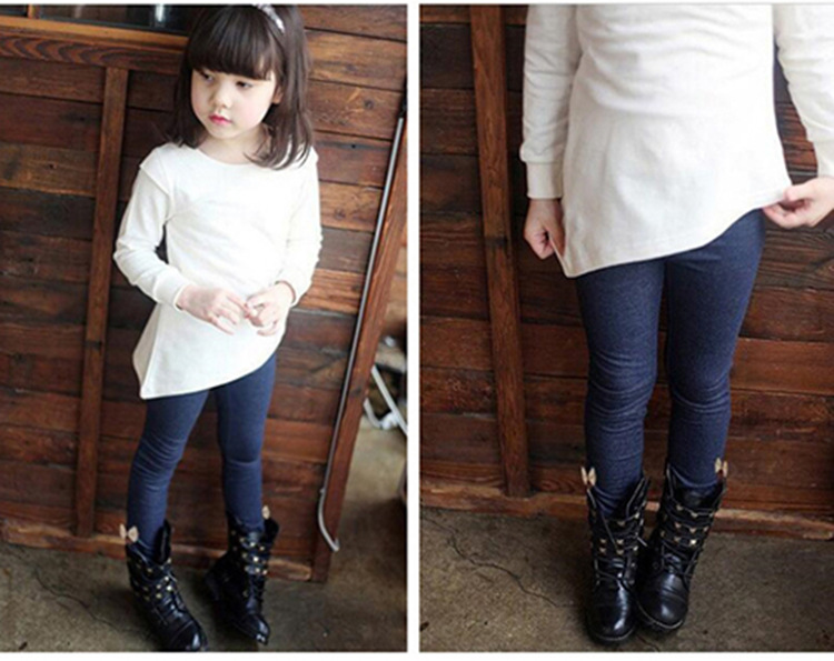 Child Girl Leggings Fleece-Lined Thickened Autumn Winter Baby Medium and Big Children's Denim-like Outerwear Pants Children's Clothing