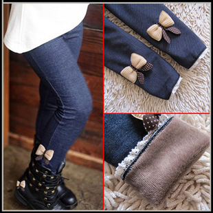 Child Girl Leggings Fleece-Lined Thickened Autumn Winter Baby Medium and Big Children's Denim-like Outerwear Pants Children's Clothing