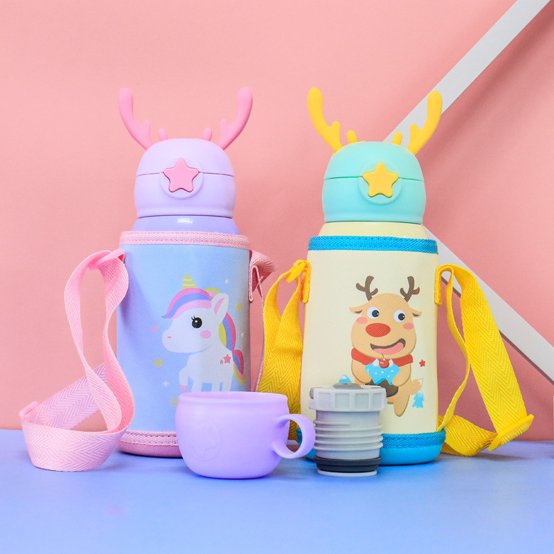 New Cartoon Deer 316 Stainless Steel Cup Antlers with Cloth Bag Children&#039;s Straw Bouncing Cup Portable Vacuum Cup