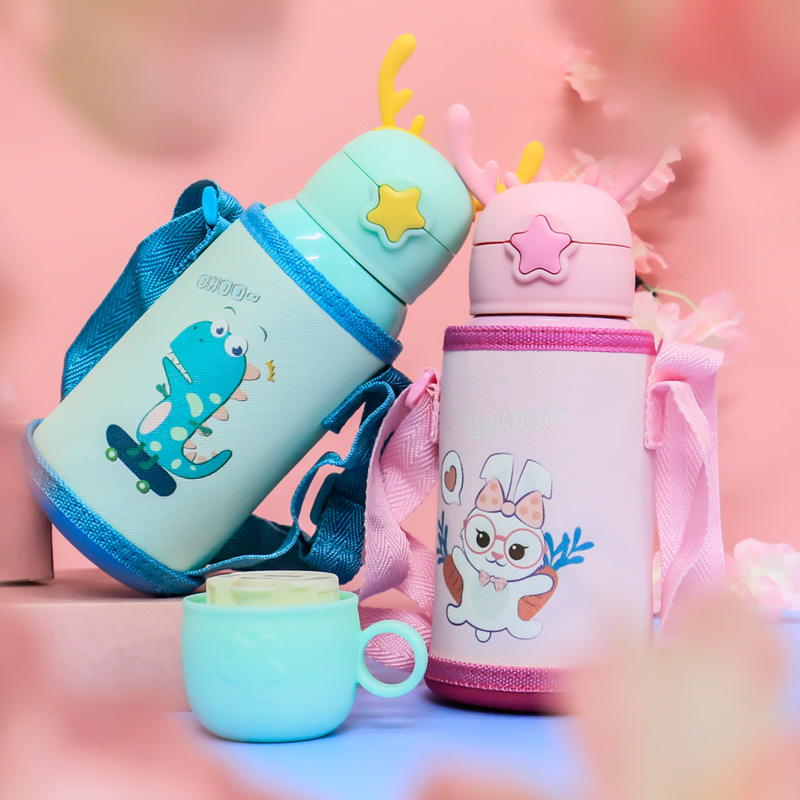 New Cartoon Deer 316 Stainless Steel Cup Antlers with Cloth Bag Children&#039;s Straw Bouncing Cup Portable Vacuum Cup
