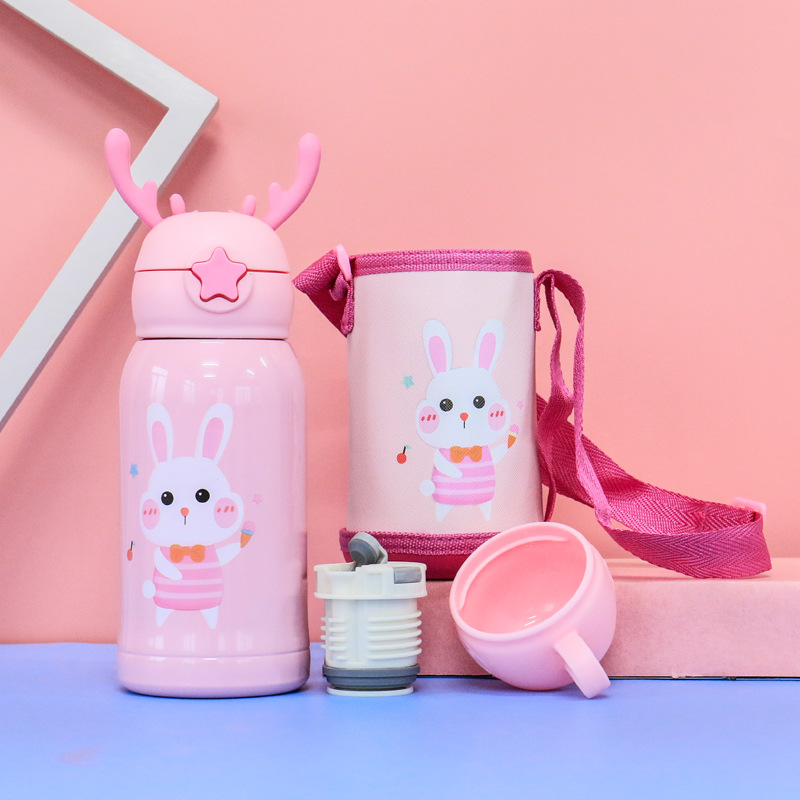 New Cartoon Deer 316 Stainless Steel Cup Antlers with Cloth Bag Children&#039;s Straw Bouncing Cup Portable Vacuum Cup