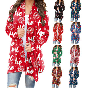 2021 Autumn and Winter Europe and America Cross Border New Amazon Wish Women's Clothing Christmas Printed Casual Long-Sleeved Cardigan for Women