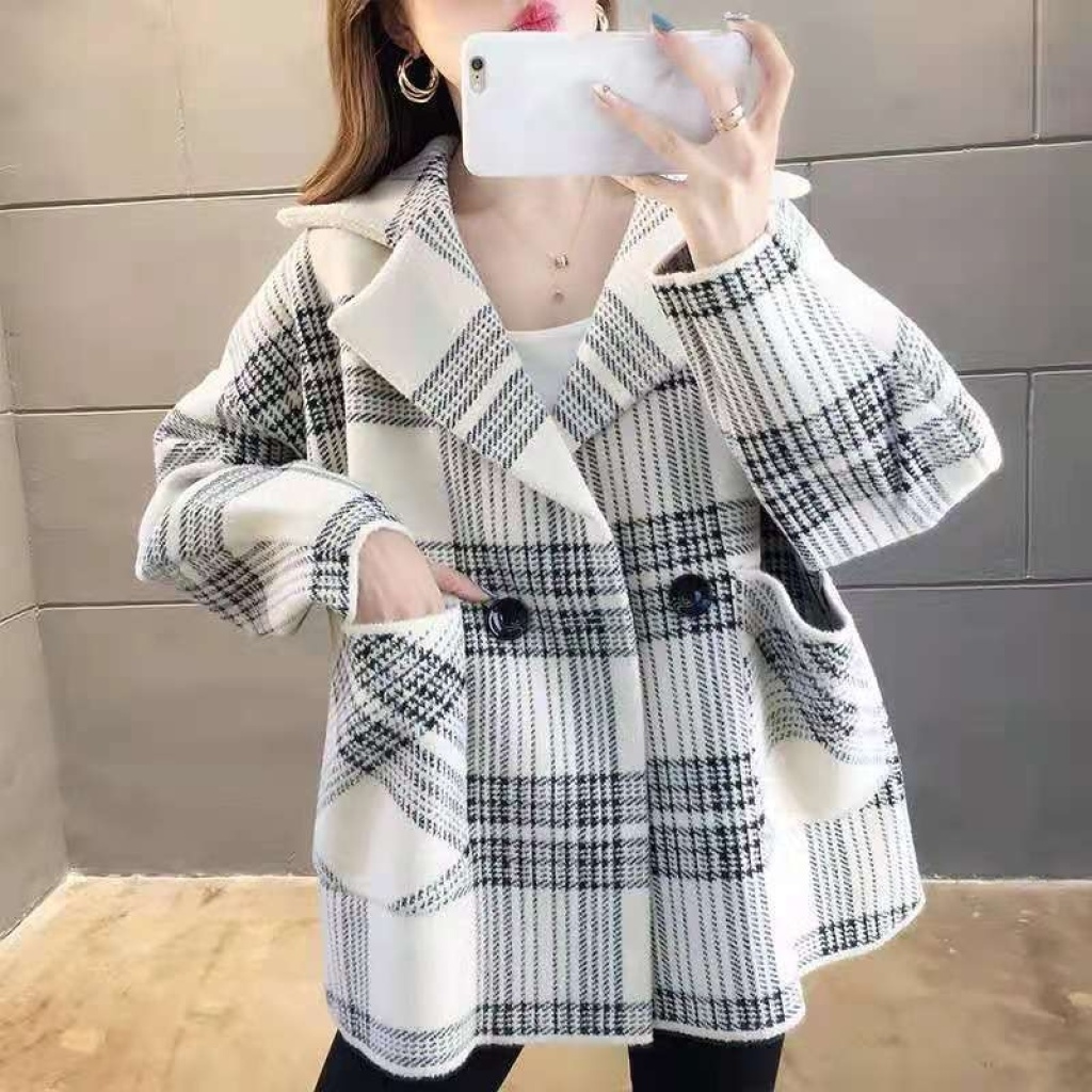 Woolen Coat for Women Autumn and Winter New Korean Style Plaid Suit Collar British Style Retro Double-Sided Woolen Coat Cardigan Fashion Woolen Coat for Women Autumn and Winter New Korean Style Plaid Suit Collar British Style Retro Double-Sided Woolen Coat Cardigan Fashion