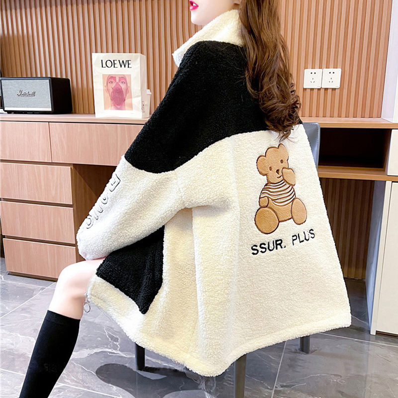 Fleece-Lined Thickening Stand Collar Lamb Wool Cardigan Coat for Women 2021 Autumn and Winter Loose Korean Style Mid-Length Design Blouse