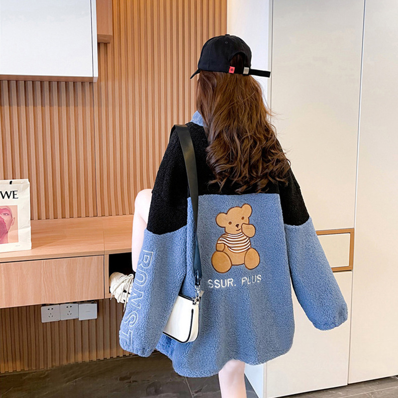 Fleece-Lined Thickening Stand Collar Lamb Wool Cardigan Coat for Women 2021 Autumn and Winter Loose Korean Style Mid-Length Design Blouse