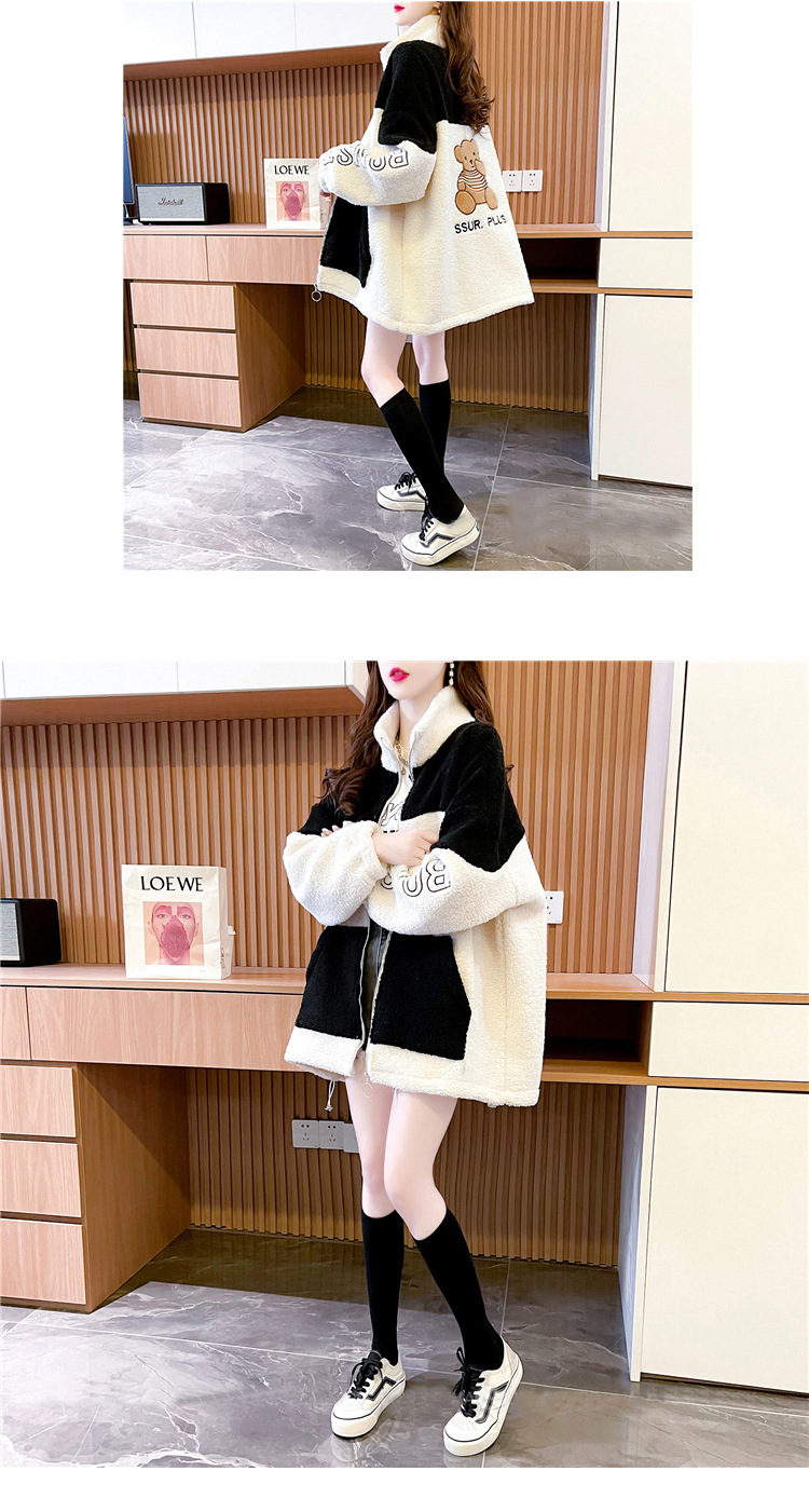Fleece-Lined Thickening Stand Collar Lamb Wool Cardigan Coat for Women 2021 Autumn and Winter Loose Korean Style Mid-Length Design Blouse
