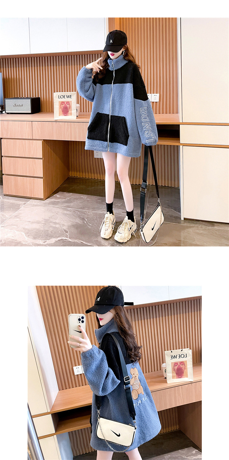 Fleece-Lined Thickening Stand Collar Lamb Wool Cardigan Coat for Women 2021 Autumn and Winter Loose Korean Style Mid-Length Design Blouse