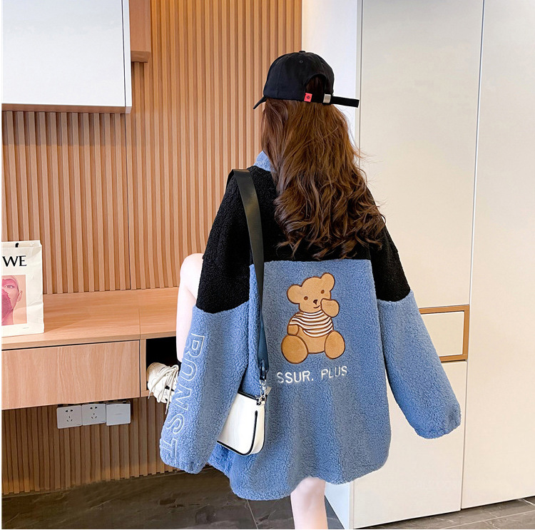 Fleece-Lined Thickening Stand Collar Lamb Wool Cardigan Coat for Women 2021 Autumn and Winter Loose Korean Style Mid-Length Design Blouse