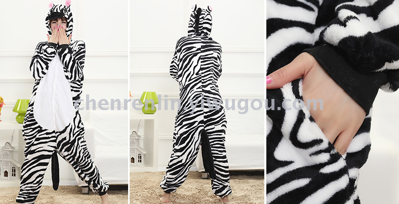 Cute men and women flannel couples models long - sleeved cartoon animals Siamese pajamas zebra toilet version Cute men and women flannel couples models long - sleeved cartoon animals Siamese pajamas zebra toilet version