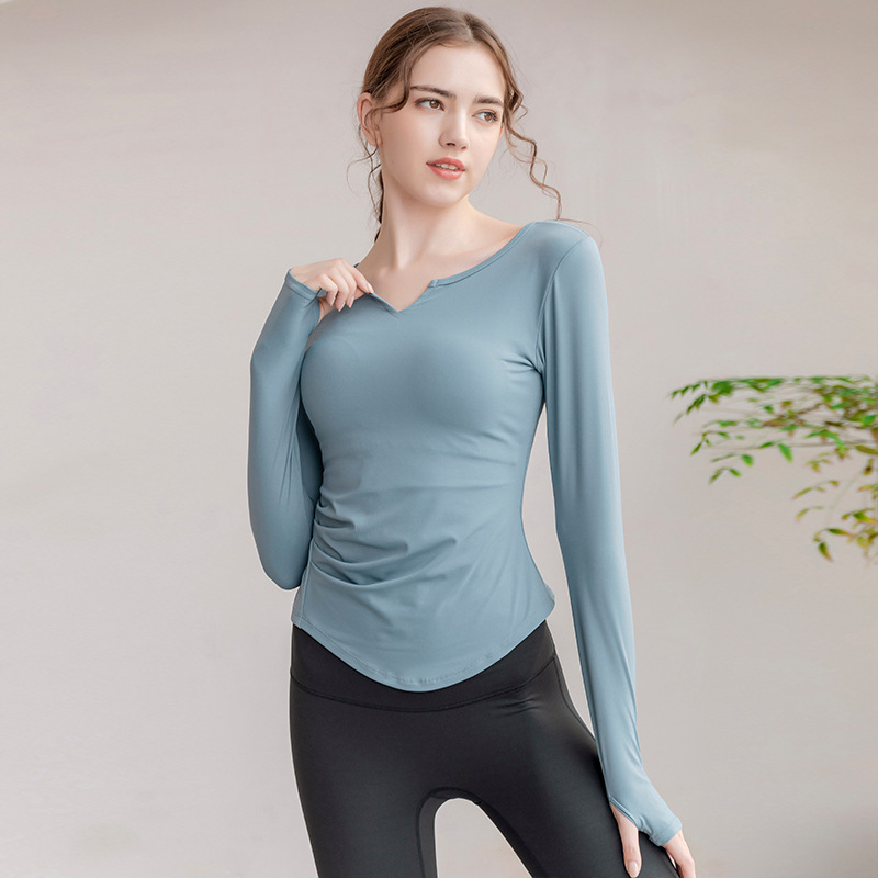 Sports wear Yoga Wear Long-Sleeved V-neck Top Nude Feel Fashion Sports Workout Clothes with Chest Pad T-shirt for Women