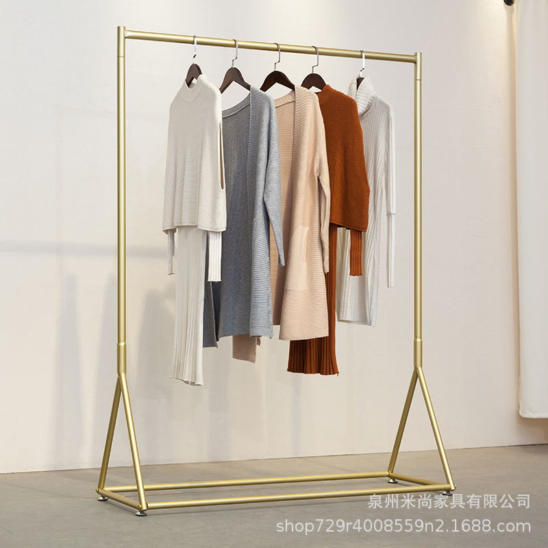Women&#039;s Clothing Store Display Stand Golden Display Rack Hanger Side Hanging Shelf Floor Wrought Iron Clothes Rack
