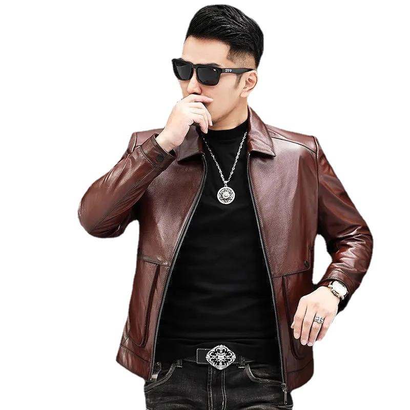 202 Autumn New Haining Sheep Genuine Leather Clothes Men&#039;s Korean-Style Short Slim Lapel Leather Jacket Coat