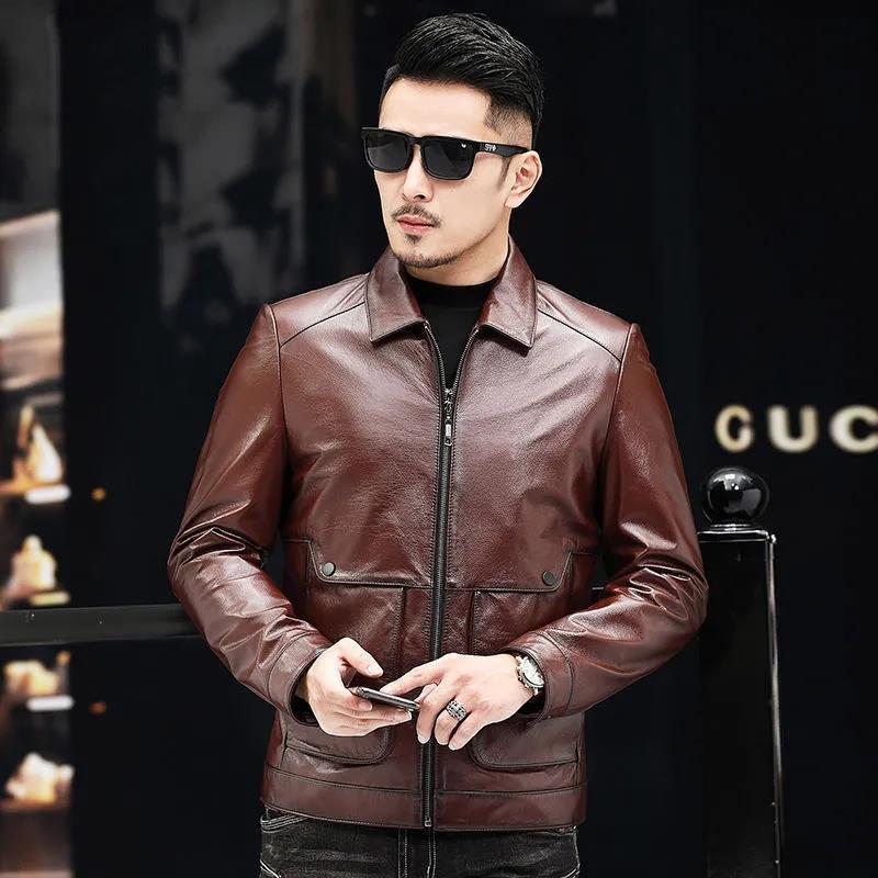 202 Autumn New Haining Sheep Genuine Leather Clothes Men&#039;s Korean-Style Short Slim Lapel Leather Jacket Coat