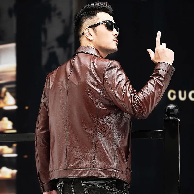 202 Autumn New Haining Sheep Genuine Leather Clothes Men&#039;s Korean-Style Short Slim Lapel Leather Jacket Coat