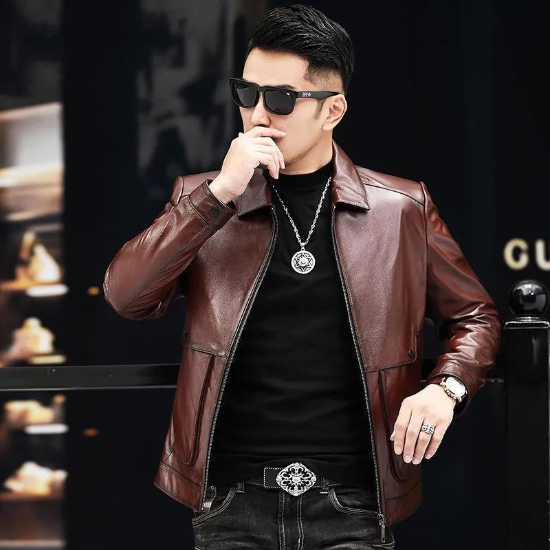 202 Autumn New Haining Sheep Genuine Leather Clothes Men&#039;s Korean-Style Short Slim Lapel Leather Jacket Coat