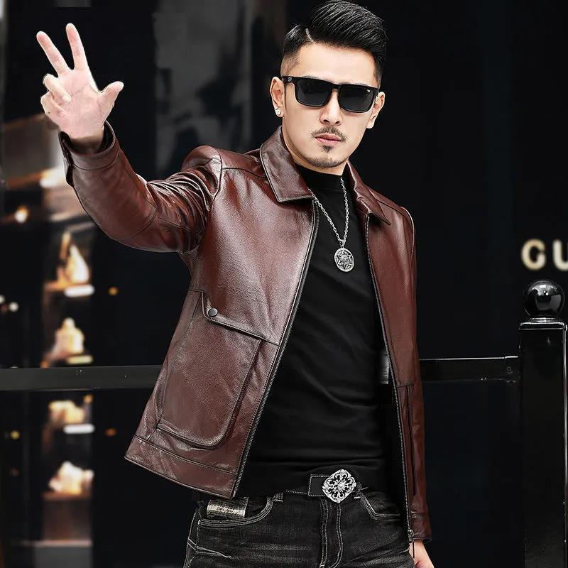 202 Autumn New Haining Sheep Genuine Leather Clothes Men&#039;s Korean-Style Short Slim Lapel Leather Jacket Coat