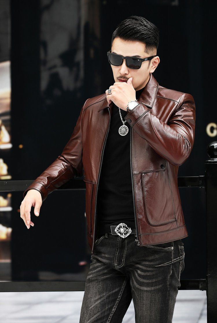 202 Autumn New Haining Sheep Genuine Leather Clothes Men's Korean-Style Short Slim Lapel Leather Jacket Coat 202 Autumn New Haining Sheep Genuine Leather Clothes Men's Korean-Style Short Slim Lapel Leather Jacket Coat