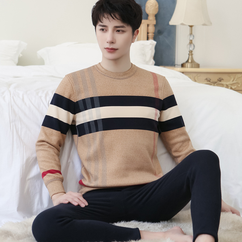 New Winter Men&#039;s Fleece Lined Padded Warm Keeping Underwear Set Youth Can Wear outside Lambswool Printed Autumn Clothes Long Pants