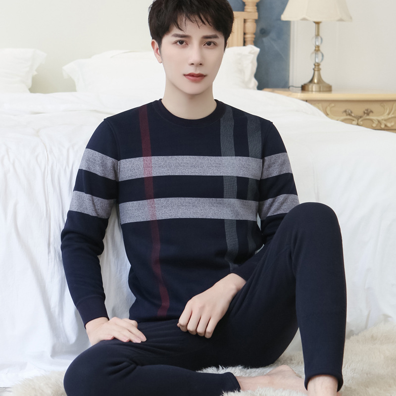 New Winter Men&#039;s Fleece Lined Padded Warm Keeping Underwear Set Youth Can Wear outside Lambswool Printed Autumn Clothes Long Pants