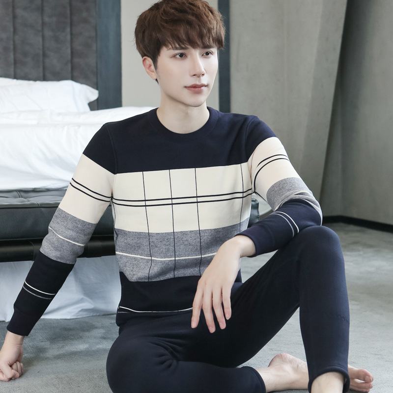 New Winter Men&#039;s Fleece Lined Padded Warm Keeping Underwear Set Youth Can Wear outside Lambswool Printed Autumn Clothes Long Pants