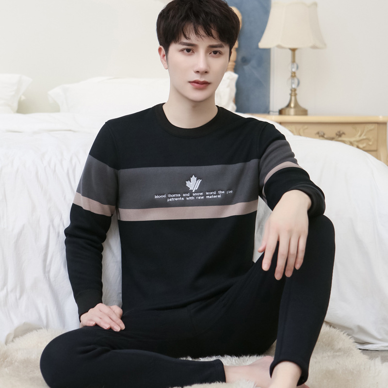 New Winter Men&#039;s Fleece Lined Padded Warm Keeping Underwear Set Youth Can Wear outside Lambswool Printed Autumn Clothes Long Pants