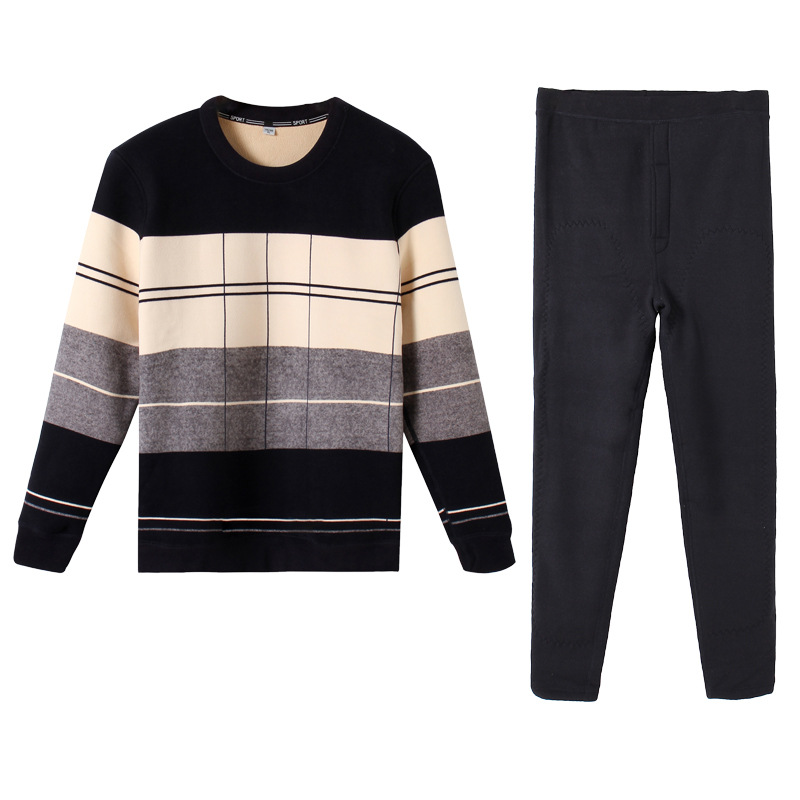 New Winter Men&#039;s Fleece Lined Padded Warm Keeping Underwear Set Youth Can Wear outside Lambswool Printed Autumn Clothes Long Pants