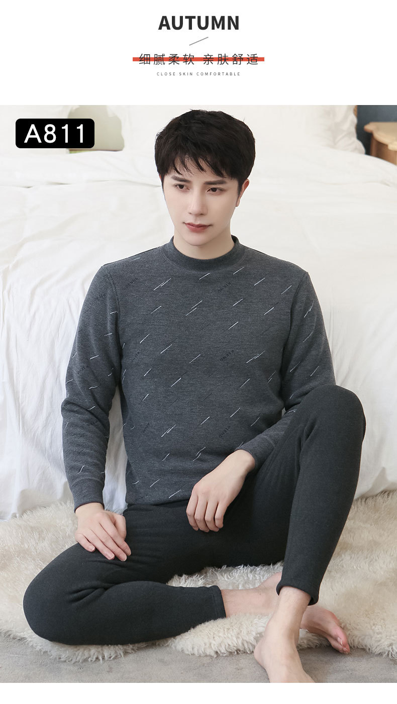 New Winter Men's Fleece Lined Padded Warm Keeping Underwear Set Youth Can Wear outside Lambswool Printed Autumn Clothes Long Pants New Winter Men's Fleece Lined Padded Warm Keeping Underwear Set Youth Can Wear outside Lambswool Printed Autumn Clothes Long Pants