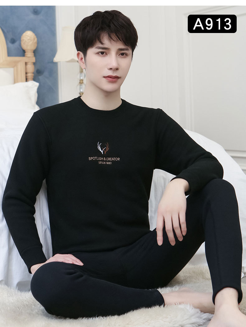 New Winter Men's Fleece Lined Padded Warm Keeping Underwear Set Youth Can Wear outside Lambswool Printed Autumn Clothes Long Pants New Winter Men's Fleece Lined Padded Warm Keeping Underwear Set Youth Can Wear outside Lambswool Printed Autumn Clothes Long Pants