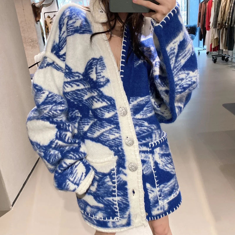 In Stock Autumn and Winter Knitting Cardigan Coat Women's Rope Jacquard Wool Sweater Hand Sewing Unlimited Lock Edge Sweater