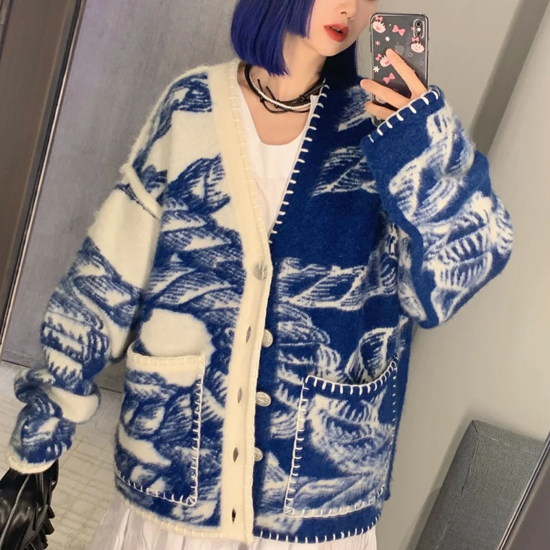 In Stock Autumn and Winter Knitting Cardigan Coat Women's Rope Jacquard Wool Sweater Hand Sewing Unlimited Lock Edge Sweater