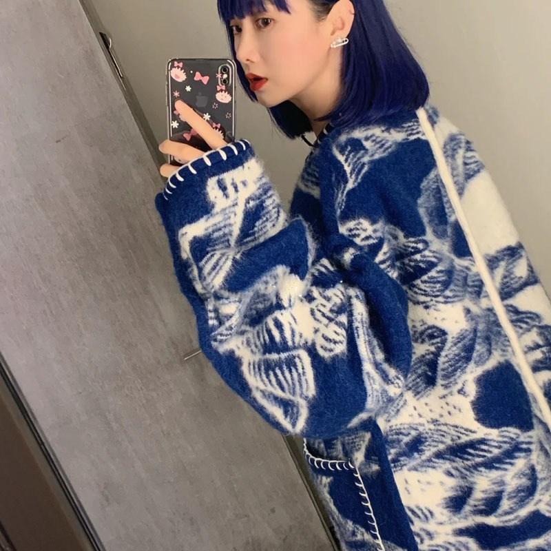 In Stock Autumn and Winter Knitting Cardigan Coat Women's Rope Jacquard Wool Sweater Hand Sewing Unlimited Lock Edge Sweater