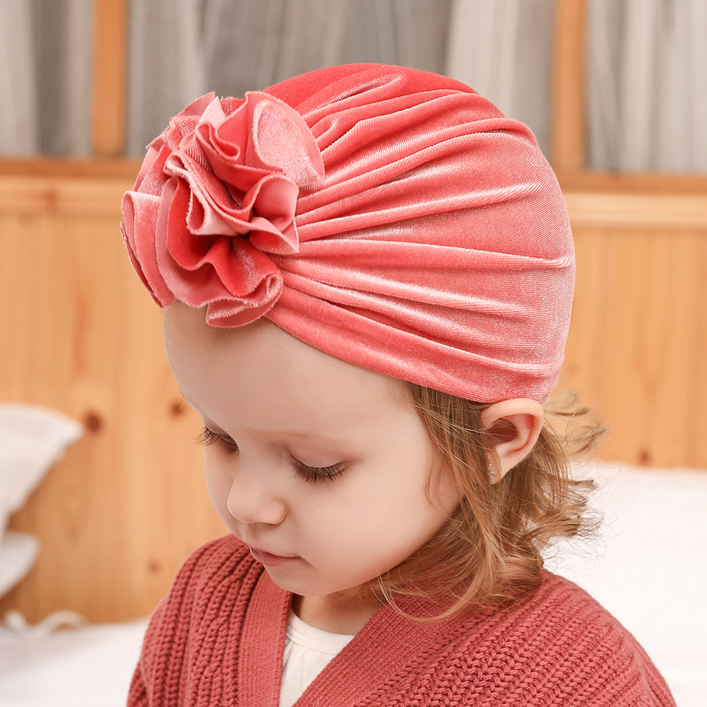 14 Colors Foreign Trade New Children Sleeve Cap Baby Autumn and Winter Gold Velvet Knitted Fabric Pleated Flower Indian Hat