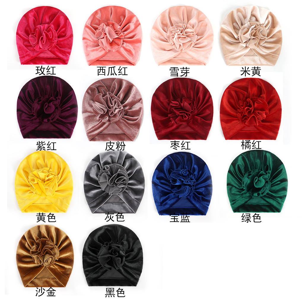 14 Colors Foreign Trade New Children Sleeve Cap Baby Autumn and Winter Gold Velvet Knitted Fabric Pleated Flower Indian Hat