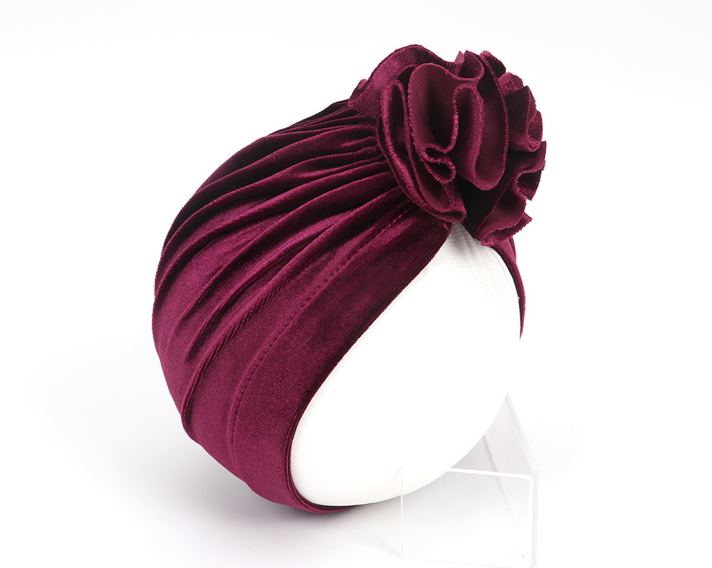 14 Colors Foreign Trade New Children Sleeve Cap Baby Autumn and Winter Gold Velvet Knitted Fabric Pleated Flower Indian Hat