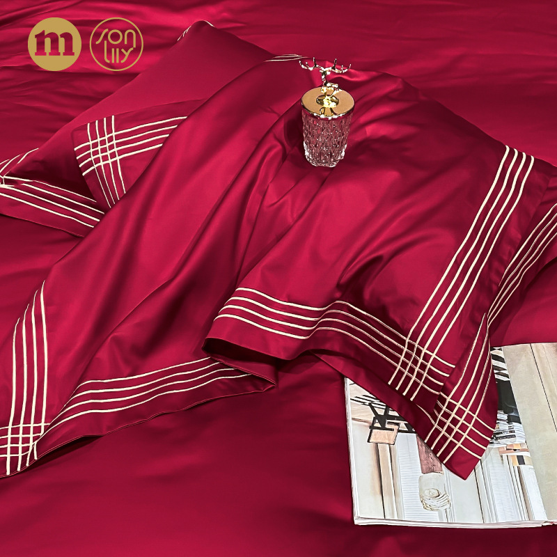 Red Wedding Bedding Four-Piece Set Wedding 100S All Cotton Pure Cotton New Wedding Celebration Quilt Happy Quilt High-End Wedding Room