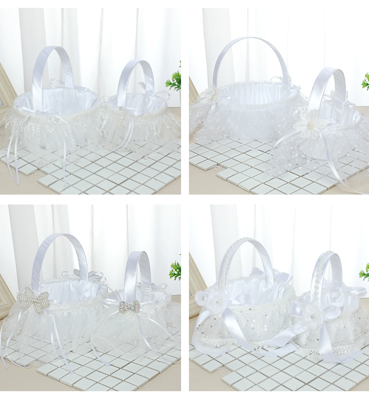European New Style Wedding Flower Girl Sprinkling Flowers Creative Flower Basket White Lace Bridesmaid Portable Flower Basket Wholesale